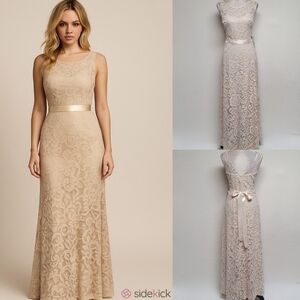 Sally Vintage 90s Champagne Satin Illusion Lace Sleeveless Tie-Waist Maxi Dress